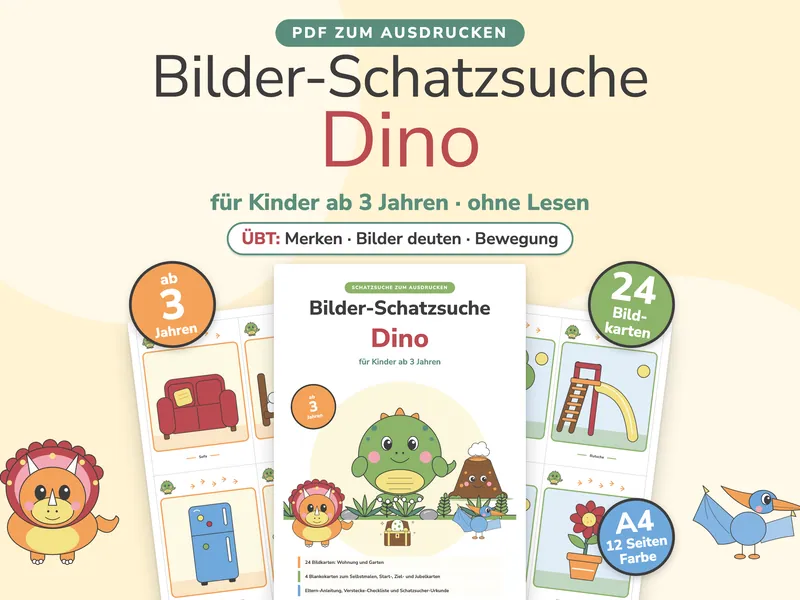 Titelbild der Bilder-Schatzsuche Dino mit Baby-Dino Rudi, Triceratops, Flugsaurier und Beispielkarten.