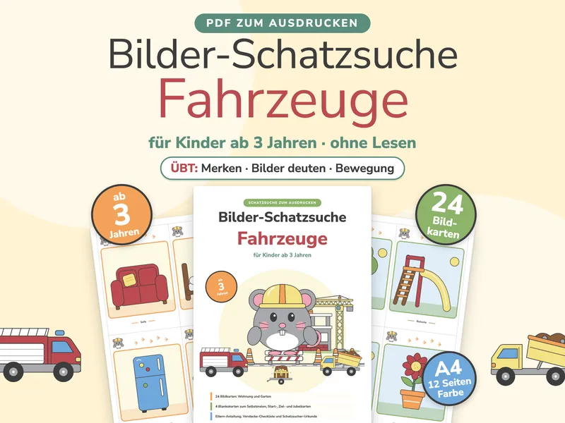 Titelbild der Bilder-Schatzsuche Fahrzeuge mit Maus Mia, Feuerwehrauto, Kipplaster und Beispielkarten.