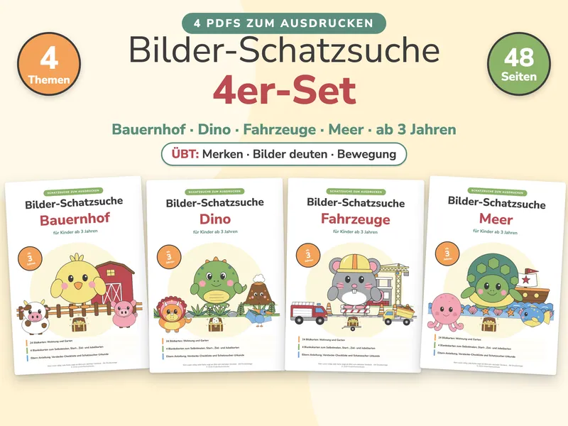 Titelbild „Bilder-Schatzsuche 4er-Set“ mit den vier Titelseiten Bauernhof, Dino, Fahrzeuge und Meer nebeneinander, dazu die Hinweise „4 Themen“, „48 Seiten“ und „4 PDFs zum Ausdrucken“. Außerdem ein weißer Badge mit dem Text „Übt: Merken, Bilder deuten, Bewegung“.