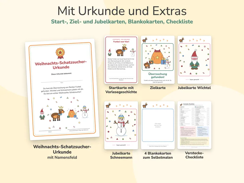 Weihnachts-Schatzsucher-Urkunde mit Namensfeld, dazu Startkarte „Funkel war hier!“ mit Vorlesegeschichte, Zielkarte, Jubelkarten mit Wichtel und Schneemann, Blankokarte zum Selbstmalen und Verstecke-Checkliste.