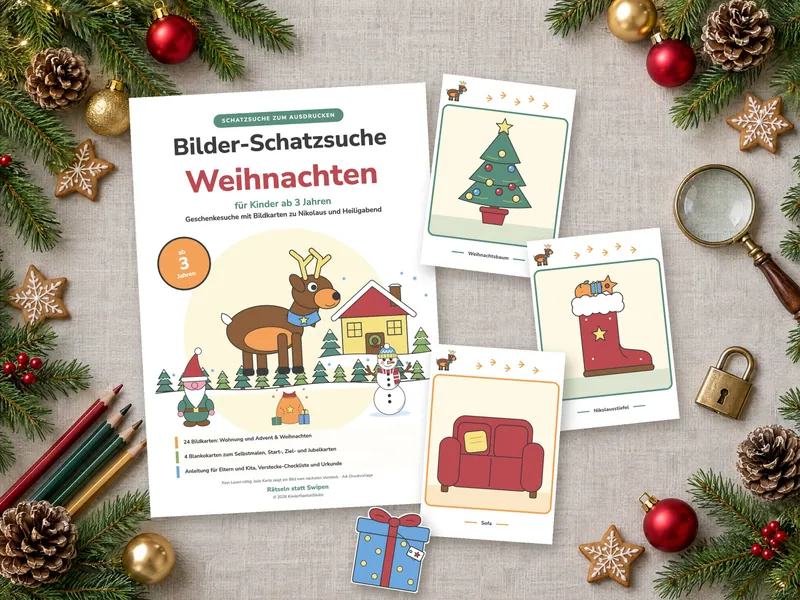 Titelseite der Bilder-Schatzsuche Weihnachten, drei ausgeschnittene Bildkarten (Weihnachtsbaum, Nikolausstiefel, Sofa) und ein ausgeschnittenes Papier-Päckchen auf einer Leinendecke mit Tannenzweigen, Zapfen, Christbaumkugeln, Plätzchen, Buntstiften, einer Lupe und einem Vorhängeschloss. Montage aus den echten PDF-Seiten und einem KI-generierten Foto.