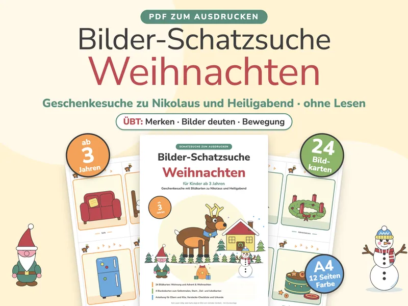 Titelbild „Bilder-Schatzsuche Weihnachten“ mit der Titelseite des PDFs (Rentier Funkel vor verschneiter Hütte, Wichtel, Schneemann, Geschenksack), links eine Kartenseite der Wohnung mit Sofa und Kühlschrank, rechts eine Kartenseite Advent & Weihnachten mit Adventskranz und Plätzchendose, dazu die Hinweise „ab 3 Jahren“, „24 Bildkarten“ und „A4, 12 Seiten, Farbe“. Unterzeile „Geschenkesuche zu Nikolaus und Heiligabend, ohne Lesen“ und ein weißer Badge „Übt: Merken, Bilder deuten, Bewegung“.