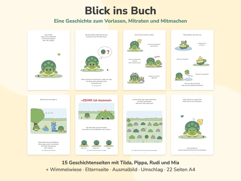 Acht Geschichtenseiten als Vorschau, vom Anfang „Das ist Tilda“ über die Ideen der Freunde und das Versteckspiel bis zum Schluss, darunter „15 Geschichtenseiten“ und die Extras.