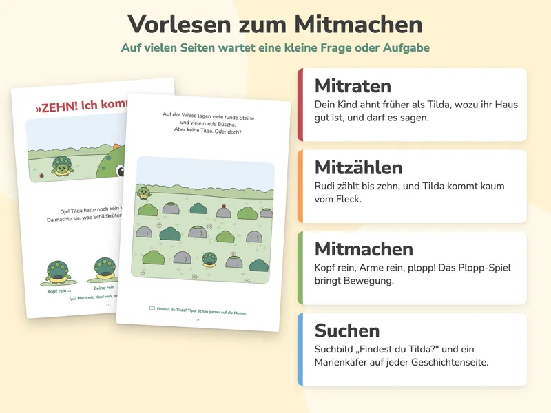 Die Seiten „ZEHN! Ich komme!“ mit dem Plopp-Spiel und das Suchbild „Findest du Tilda?“, daneben vier Kacheln: Mitraten, Mitzählen, Mitmachen und Suchen.