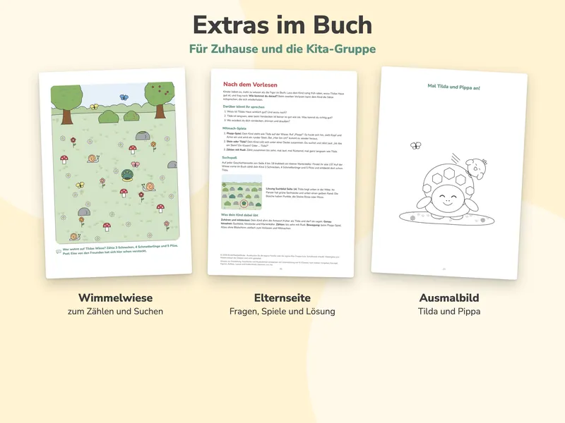 Wimmelwiese zum Zählen und Suchen, Elternseite mit Fragen, Spielen und Lösung, Ausmalbild mit Tilda und Pippa.