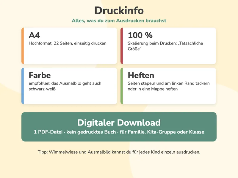 A4 Hochformat mit 22 Seiten einseitig, Skalierung 100 Prozent, Farbdruck empfohlen, Heften am linken Rand oder in einer Mappe, digitaler Download, kein gedrucktes Buch, für Familie, Kita-Gruppe oder Klasse.