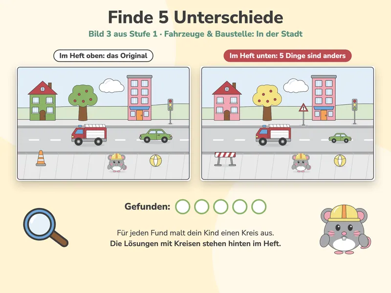 Bild 3 „In der Stadt“ aus Stufe 1 groß nebeneinander, links das Original, rechts das Bild mit 5 Unterschieden, darunter „Gefunden:“ mit 5 Kreisen zum Ausmalen, eine Lupe und Maus Mia.