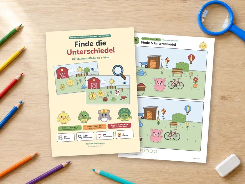 Titelseite und die Bildseite „Im Garten“ aus Stufe 1 auf einem hellen Holztisch mit Buntstiften, einer blauen Kinder-Lupe und einem Radiergummi. Montage aus den echten PDF-Seiten und einem KI-generierten Foto.