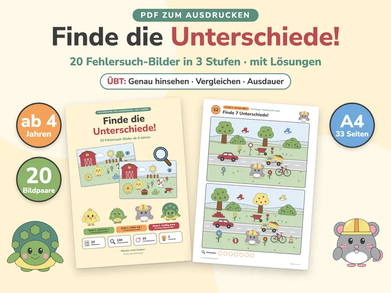 Titelbild „Finde die Unterschiede!“ mit Fehlersuchbildern für Kinder ab 4: die Titelseite des Hefts und die Bildseite „Ausflug aufs Land“ aus Stufe 2, dazu die Hinweise „ab 4 Jahren“, „20 Bildpaare“ und „A4, 33 Seiten“, Schildkröte Tilda und Maus Mia am Rand. Außerdem ein weißer Badge mit dem Text „Übt: Genau hinsehen, Vergleichen, Ausdauer“.