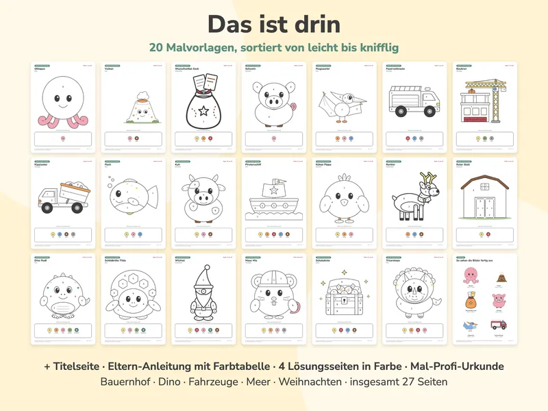 Alle 20 Malvorlagen als kleine Vorschauen, sortiert von leicht bis knifflig, dazu eine Lösungsseite.