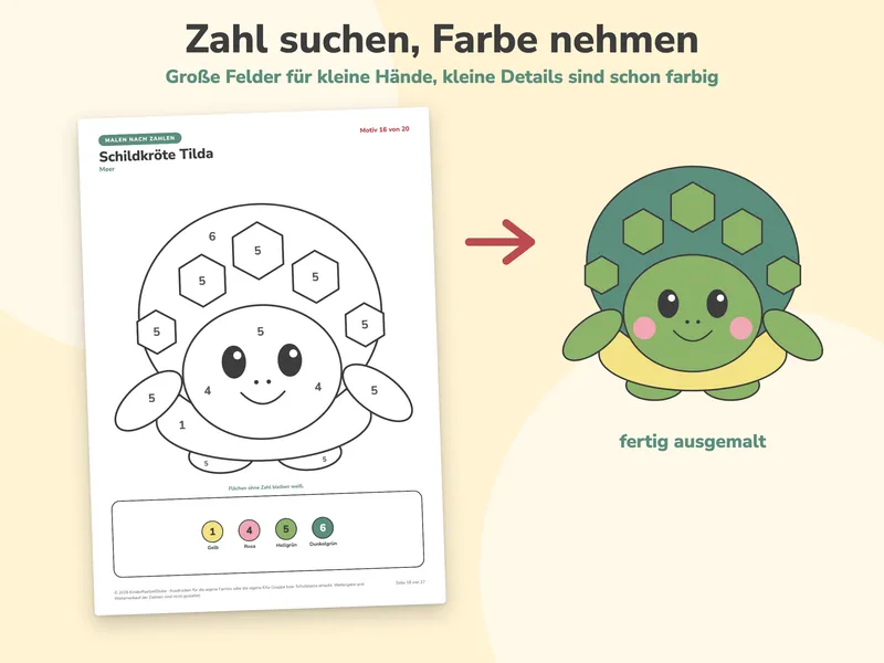 Malvorlage Schildkröte Tilda mit Zahlen und daneben die fertig ausgemalte Figur.