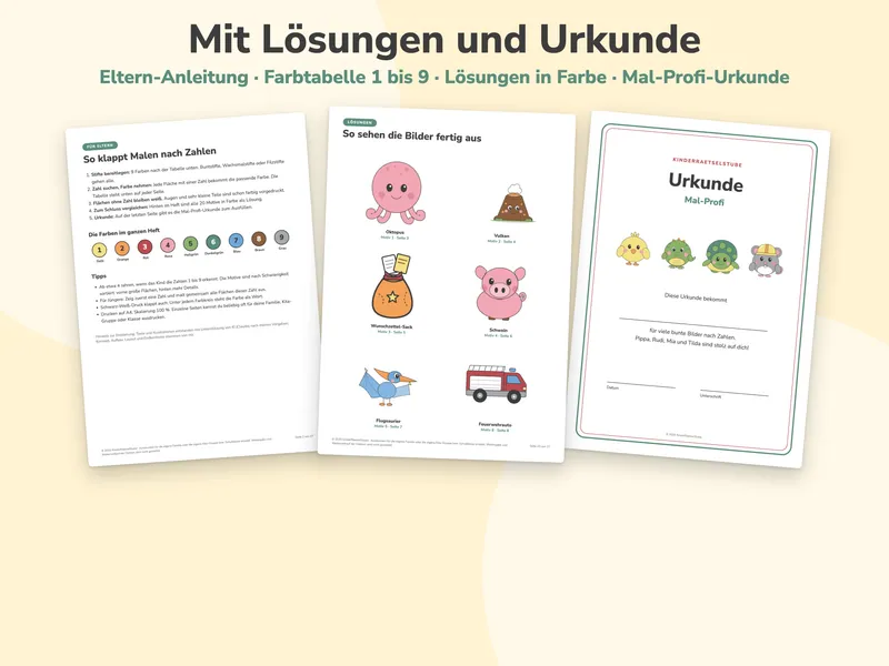 Eltern-Anleitung mit Farbtabelle, eine Lösungsseite in Farbe und die Mal-Profi-Urkunde.