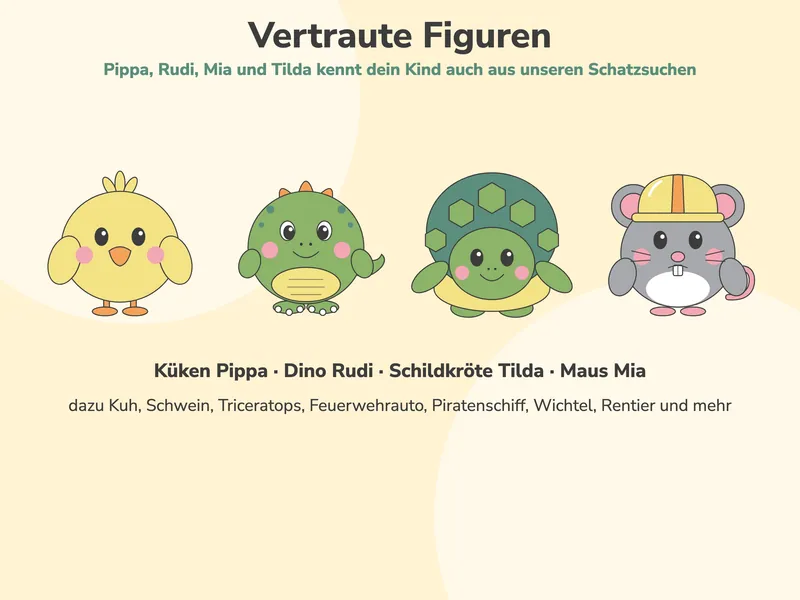 Küken Pippa, Dino Rudi, Schildkröte Tilda und Maus Mia in Farbe.