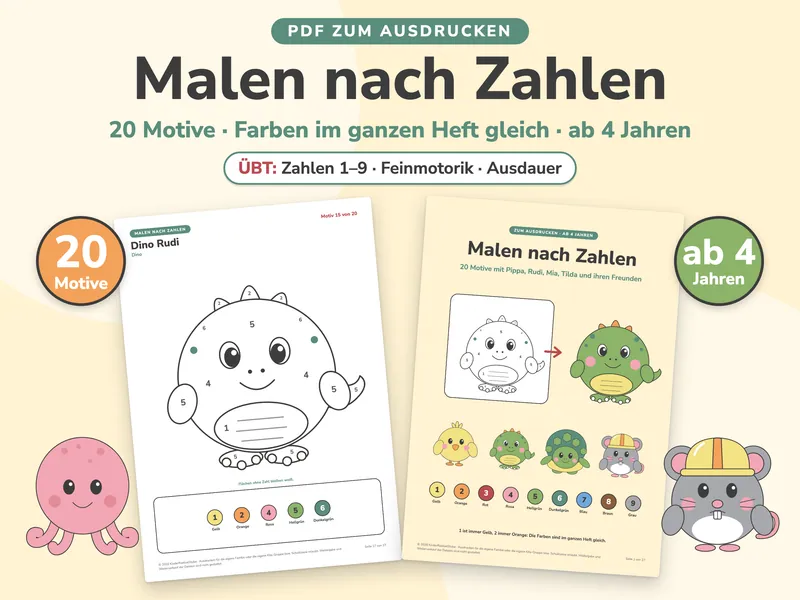 Titelbild „Malen nach Zahlen“ mit einer Malvorlage von Dino Rudi und der Titelseite des Hefts, dazu die Hinweise „20 Motive“ und „ab 4 Jahren“, Oktopus und Maus Mia am Rand. Außerdem ein weißer Badge mit dem Text „Übt: Zahlen 1 bis 9, Feinmotorik, Ausdauer“.