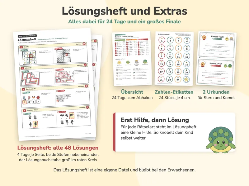 Erste Seite des Lösungshefts mit den Lösungen von Tag 1 bis 4, daneben die Übersicht zum Abhaken, die Seite mit den 24 Zahlen-Etiketten und die zwei Urkunden „Knobel-Profi“, Schildkröte Tilda am Rand.