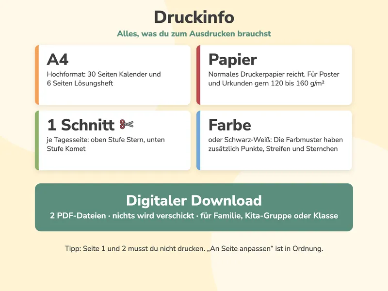 A4 Hochformat mit 30 Seiten Kalender und 6 Seiten Lösungsheft, normales Druckerpapier, ein Schnitt je Tagesseite, Farbe oder Schwarz-Weiß, digitaler Download mit 2 PDF-Dateien für Familie, Kita-Gruppe oder Klasse.