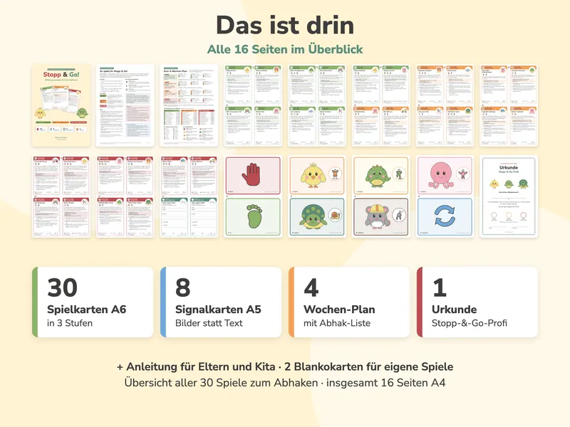 Alle 16 Seiten als kleine Vorschauen, darunter 30 Spielkarten A6 in 3 Stufen, 8 Signalkarten A5, 4-Wochen-Plan mit Abhak-Liste und die Urkunde Stopp-&-Go-Profi.