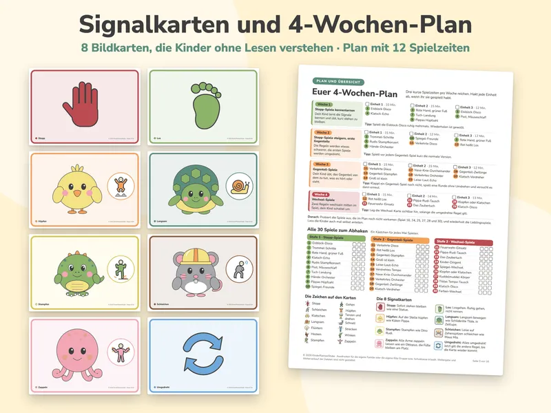 Die acht Signalkarten Stopp, Los, Hüpfen mit Küken Pippa, Langsam mit Schildkröte Tilda, Stampfen mit Dino Rudi, Schleichen mit Maus Mia, Zappeln mit Oktopus und Umgedreht, daneben die Seite mit dem 4-Wochen-Plan und der Übersicht aller 30 Spiele.
