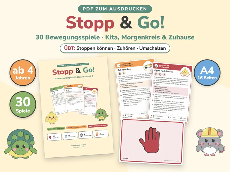 Titelbild von Stopp & Go! mit Titelseite, zwei Spielkarten und der roten Stopp-Signalkarte, Schildkröte Tilda und Maus Mia.