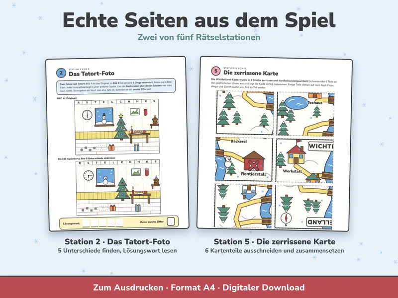 Zwei Seiten aus dem Spiel: Station 2 Das Tatort-Foto mit zwei Wohnzimmerbildern zum Vergleichen und Station 5 Die zerrissene Karte mit sechs Kartenteilen zum Ausschneiden.
