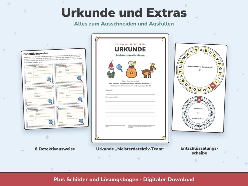 Urkunde Meisterdetektiv-Team mit Wichtel, Sack und Rentier in der Mitte, links sechs Detektivausweise zum Ausschneiden, rechts die Entschlüsselungsscheibe mit äußerem und innerem Kreis.