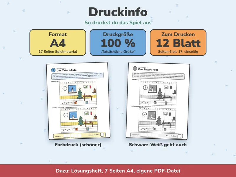 Druckinfo mit den Angaben Format A4, 100 Prozent Druckgröße und 12 Blatt zum Drucken, darunter dieselbe Seite einmal in Farbe und einmal in Schwarz-Weiß.
