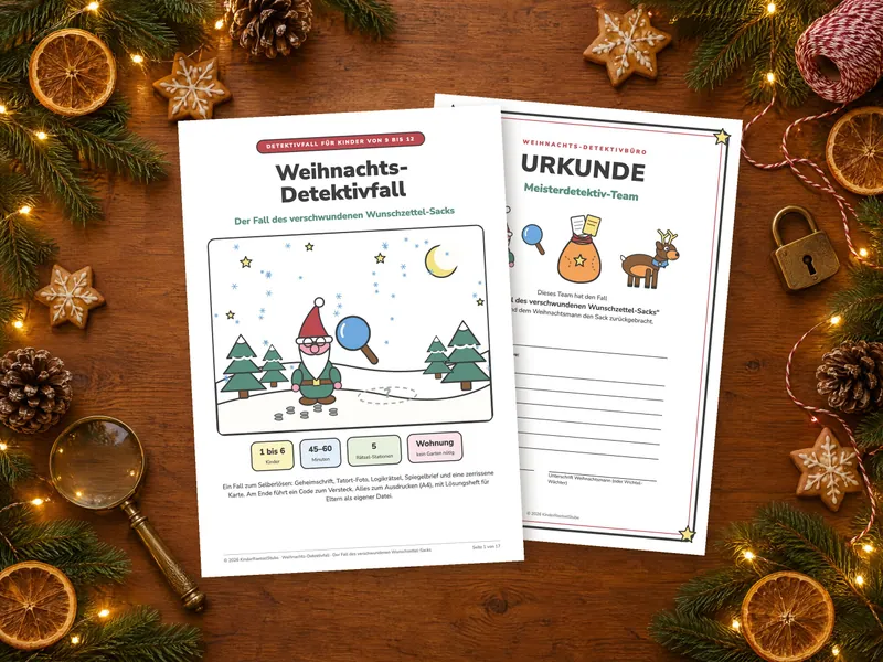 Titelseite des Weihnachts-Detektivfalls und die Urkunde Meisterdetektiv-Team auf einem Holztisch mit Tannenzweigen, Lichterkette, Zimtsternen, Orangenscheiben, Lupe und Vorhängeschloss. Montage aus den echten PDF-Seiten und einem KI-generierten Tischfoto.