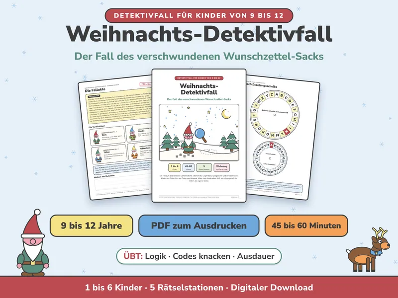 Titelbild des Weihnachts-Detektivfalls für Kinder von 9 bis 12 Jahren mit drei Vorschauseiten (Fallakte, Titelseite mit Wichtel und Lupe, Entschlüsselungsscheibe), dazu die Angaben 9 bis 12 Jahre, PDF zum Ausdrucken und 45 bis 60 Minuten. Außerdem ein weißer Badge: Übt Logik, Codes knacken und Ausdauer.