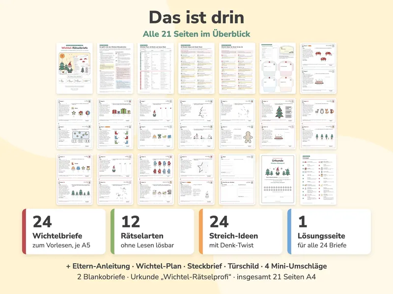 Alle 21 Seiten als kleine Vorschauen, darunter 24 Wichtelbriefe in A5, 12 Rätselarten ohne Lesen, 24 Streich-Ideen mit Denk-Twist und eine Lösungsseite für alle Briefe.