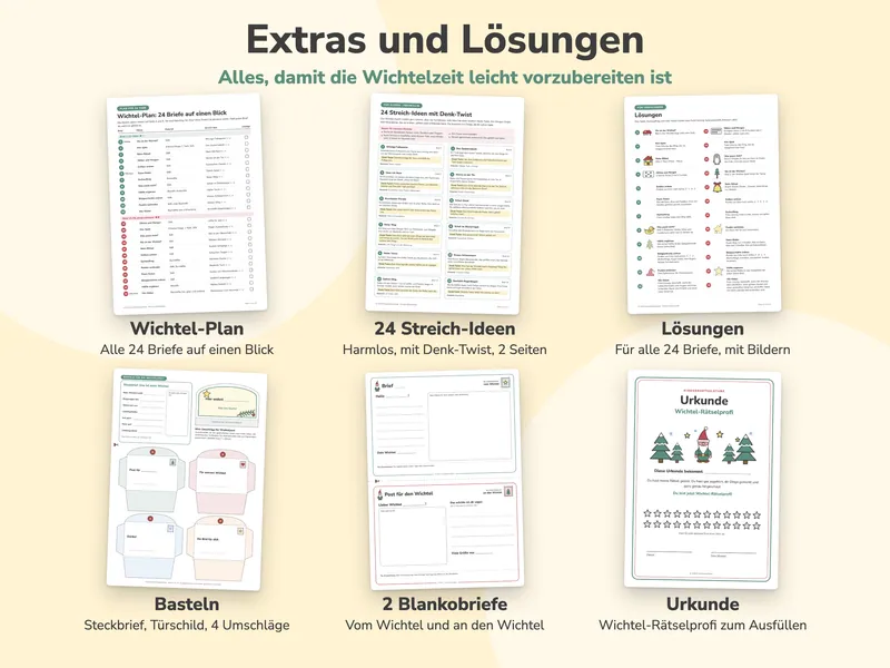 Sechs Seiten: Wichtel-Plan, 24 Streich-Ideen, Lösungen, Bastelseite mit Steckbrief, Türschild und 4 Mini-Umschlägen, 2 Blankobriefe und die Urkunde Wichtel-Rätselprofi.