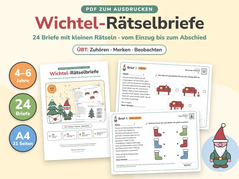 Titelbild „Wichtel-Rätselbriefe“ mit der Titelseite des Hefts, Brief 1 zum Einzug („Wo ist der Wichtel?“ mit drei Sofa-Bildern) und Brief 6 zum Nikolaustag (Stiefel-Paare verbinden), dazu die Hinweise „4–6 Jahre“, „24 Briefe“ und „A4, 21 Seiten“, der Wichtel mit roter Mütze und grünem Mantel am Rand. Außerdem ein weißer Badge mit dem Text „Übt: Zuhören, Merken, Beobachten“.