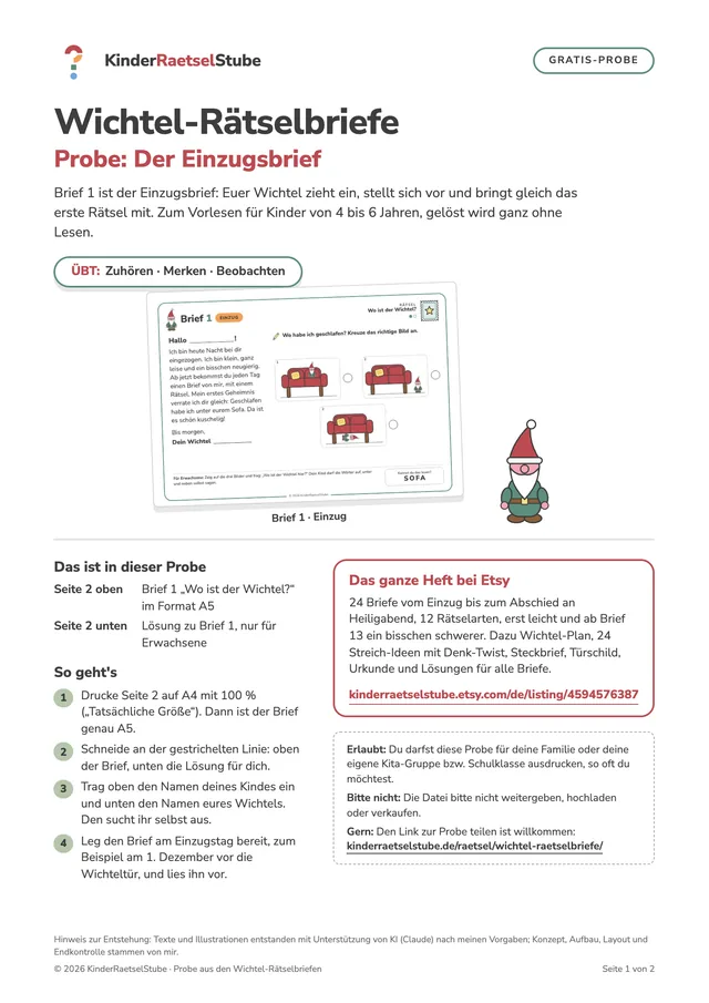 Erste Seite der Probe „Wichtel-Rätselbriefe, Probe: Der Einzugsbrief“ mit Brief 1 als kleine Vorschau und dem Wichtel
